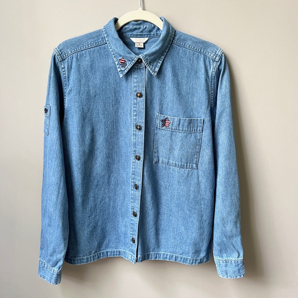 Vintage Denim Button Up Shirt Women's Medium Blue Stars Stripes Americana Preppy